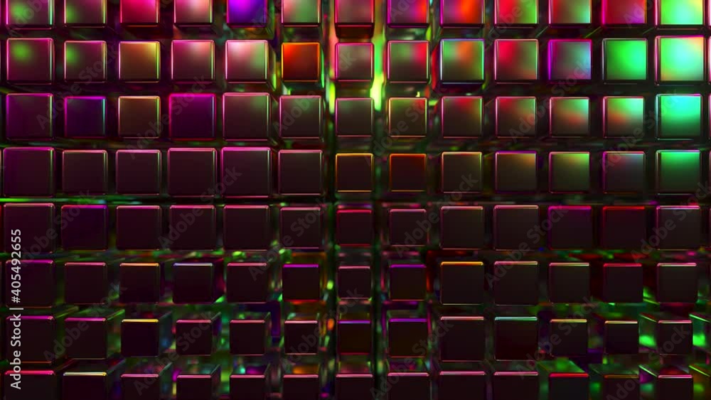 Poster abstract 3d render with cubes in neon light. nice waves footage. violet spheres moving like waves on