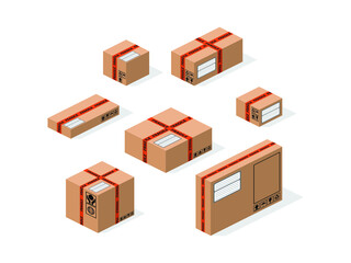 Cardboard box mockup set with seal tape.Delivery packaging many type with seal tape.