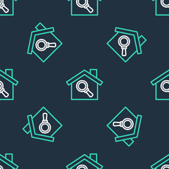 Line Search house icon isolated seamless pattern on black background. Real estate symbol of a house under magnifying glass. Vector.