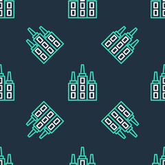 Line Skyscraper icon isolated seamless pattern on black background. Metropolis architecture panoramic landscape. Vector.