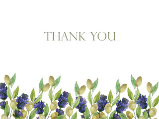 Watercolor hand painted nature provence composition with green olive, leaves on branch and purple lavender flower bouquet with thank you text on the white background for greeting card design