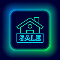 Glowing neon line Hanging sign with text Sale icon isolated on black background. Signboard with text Sale. Colorful outline concept. Vector.