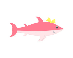 Funny cute baby shark girl with bow. Cartoon vector illustration on white background. 