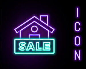Glowing neon line Hanging sign with text Sale icon isolated on black background. Signboard with text Sale. Colorful outline concept. Vector.