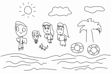 A little child's imagination of a family trip to the beach. Happy family Holiday tourism Child's imagination