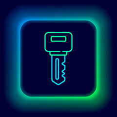 Glowing neon line House key icon isolated on black background. Colorful outline concept. Vector.