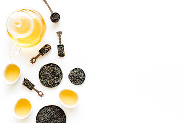 Different herbal and fruit tea, top view, copy space