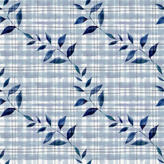 seamless watercolor pattern with blue leaves on plaid background
