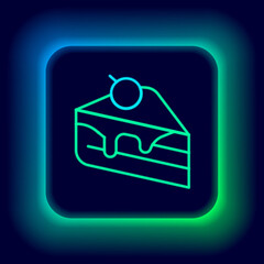 Glowing neon line Piece of cake icon isolated on black background. Happy Birthday. Colorful outline concept. Vector.