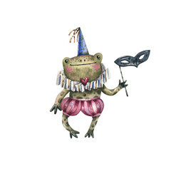 Cute cartoon watercolor frog character. Vintage style hand-drawn character. Frog in a carnival costume holds a mask in his hands. Childrens illustration.