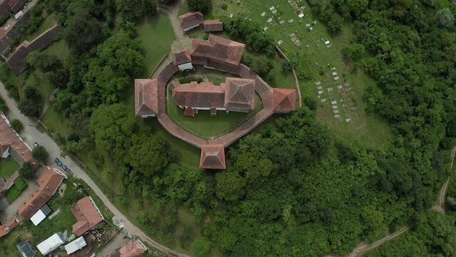 4K Aerial view of Viscri Fortified Church from Transylvania