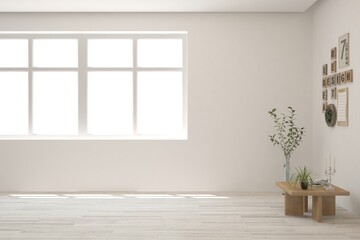 White empty room with home plant and wooden table. Scandinavian interior design. 3D illustration