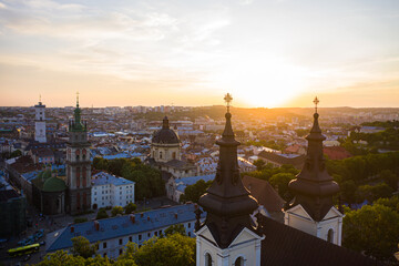 Aerial view on Carmelite Church ( Michael the Archangel church) in Lviv, Ukraine from drone
