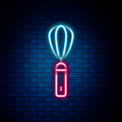 Glowing neon line Kitchen whisk icon isolated on brick wall background. Cooking utensil, egg beater. Cutlery sign. Food mix symbol. Colorful outline concept. Vector.