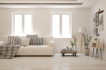 White living room with sofa. Scandinavian interior design. 3D illustration