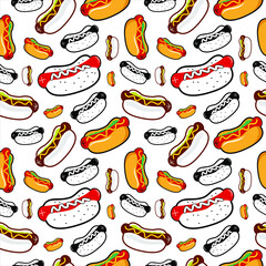 Cartoon fun and modern hot dog seamless pattern sandwiches Fast food popular junk snack template idea