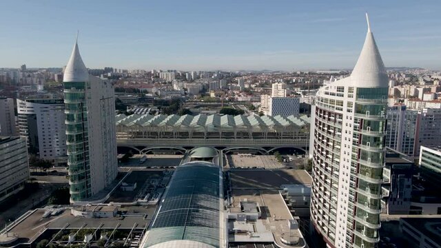 Lisbon, Portugal - 20 may 2021: Aerial view of Vasco Da Gama city mall and Oriente train station in Lisbon popular modern district, Lisbon, Portugal.