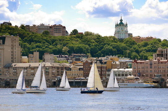 The bank of the Dnipro river embankment of Kyiv Ukraine yachts Podil district