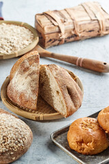 Homemade bread sourdough, rustic baked bread in wickerwork basket