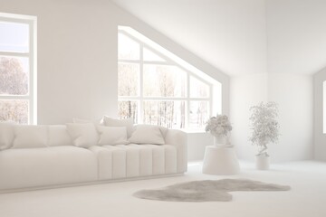 White minimalist living room with sofa. Scandinavian interior design. 3D illustration