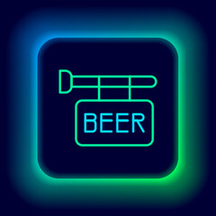 Glowing neon line Street signboard with inscription Beer icon isolated on black background. Suitable for advertisements bar, cafe, pub, restaurant. Colorful outline concept. Vector.