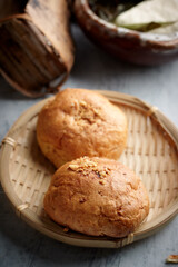 Homemade bread sourdough, rustic baked bread in wickerwork basket