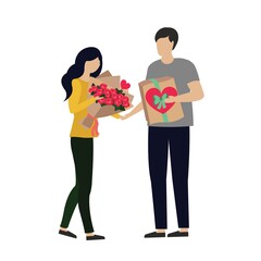 Holiday. Valentine's Day. The guy and the girl congratulate each other. Postcard, template for banner. Vector illustration.
