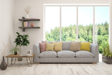 White living room with sofa and summer landscape in window. Scandinavian interior design. 3D illustration