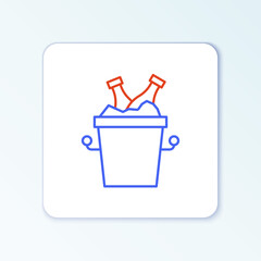 Line Beer bottles in ice bucket icon isolated on white background. Colorful outline concept. Vector.