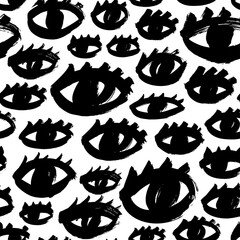 Fototapeta premium Seamless pattern with black eyes and eyelashes. Repeating hand drawn grunge print of open eyes. Vector ink illustration, monochrome graphic design. Simple style, funny isolated doodles illustration