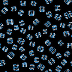 Fototapeta premium Line Wooden barrel icon isolated seamless pattern on black background. Alcohol barrel, drink container, wooden keg for beer, whiskey, wine. Vector.