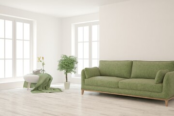 White living room with sofa. Scandinavian interior design. 3D illustration