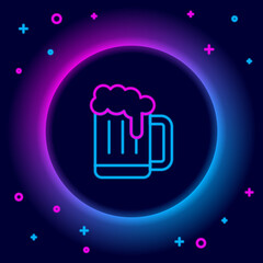 Glowing neon line Wooden beer mug icon isolated on black background. Colorful outline concept. Vector.
