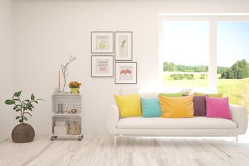 White living room with sofa and summer landscape in window. Scandinavian interior design. 3D illustration