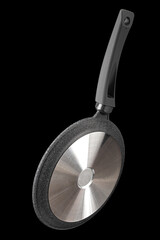 Grey frying pan with non-stick, rear view, isolated on black background