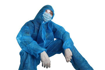 medical officer , medical chief office in medical blue hazmat suit is sitting and take a nap after hard work of big cleaning to protect the outbreak of virus covid19