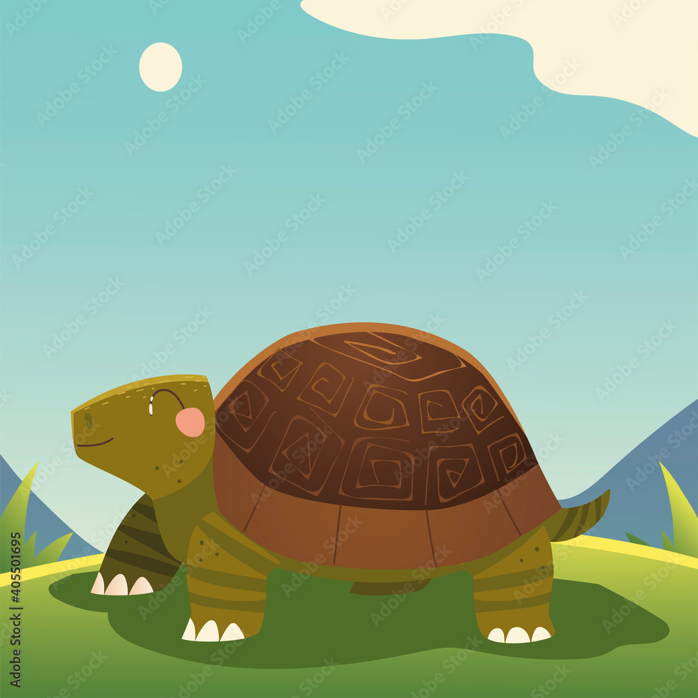 Sticker cute turtle cartoon animal in the grass