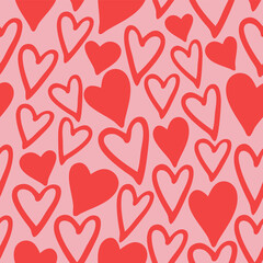 red hearts seamless pattern. Valentine's Day love theme, vector hand drawn