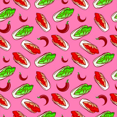 Kimchi seamless pattern background popular Korean food. Traditional side dish of salted and fermented cabbage.