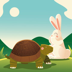 turtle and rabbit in the grass cartoon animals