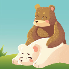 cute bear and polar bear resting in the grass cartoon animals