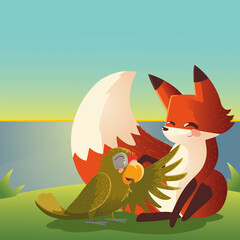 cute fox and parrot in grass cartoon animal