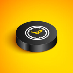 Isometric line Sauna clock icon isolated on yellow background. Sauna timer. Black circle button. Vector.