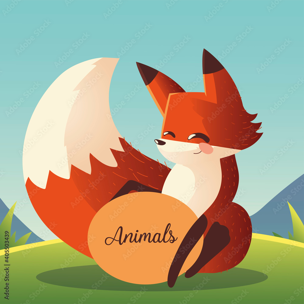 Poster cute fox sitting with animals text in the grass cartoon