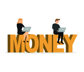 Business, finance and investment concept. People or financial consultants sitting on money concept and working with laptop. The growth of money. Internet banking and earnings concept. Vector illustrat