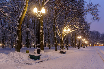 Winter park in the evening covered with snow with a row of lamps.