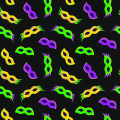 Vector seamless pattern with carnival masks; Mardi Gras background for wrapping paper, greeting cards, invitations, posters, banners.