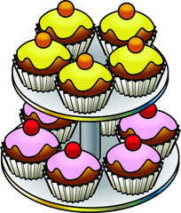 A two-tier platter of cupcakes.