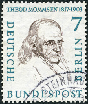 GERMANY - 1957: shows Christian Matthias Theodor Mommsen (1817-1903), theologian, 1957