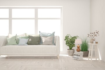 White living room with sofa. Scandinavian interior design. 3D illustration